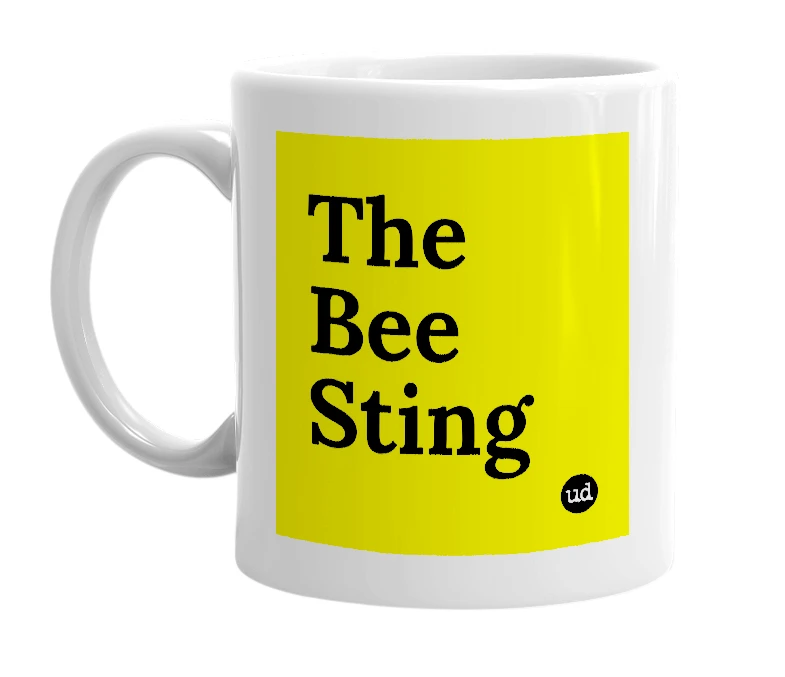 White mug with 'The Bee Sting' in bold black letters