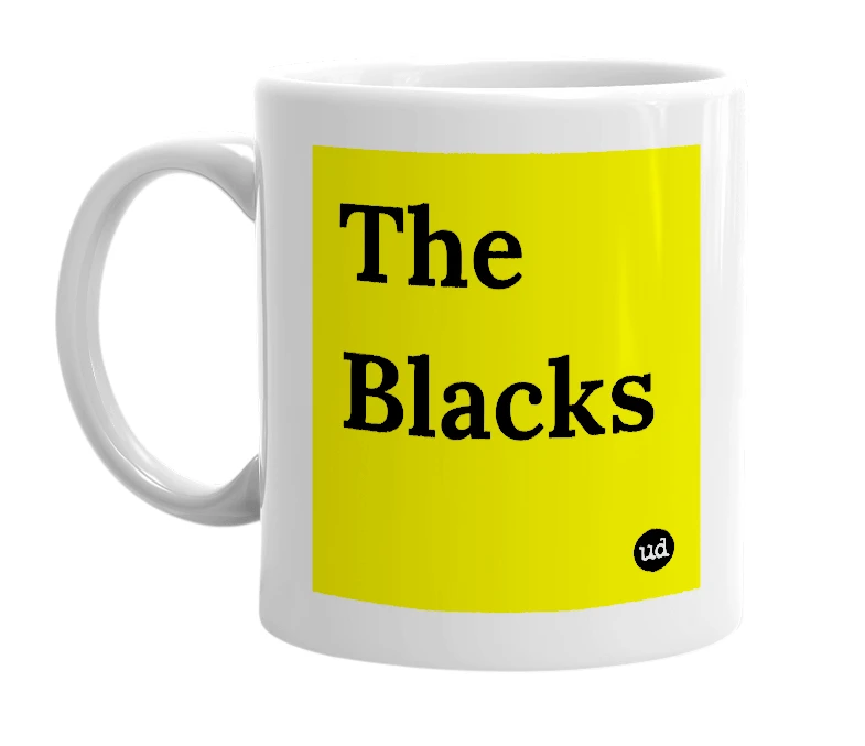 White mug with 'The Blacks' in bold black letters