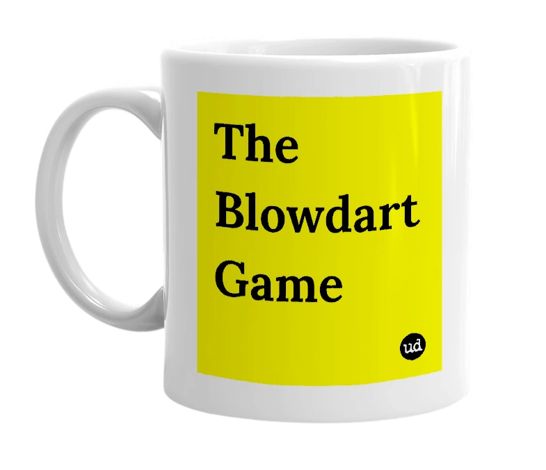 White mug with 'The Blowdart Game' in bold black letters