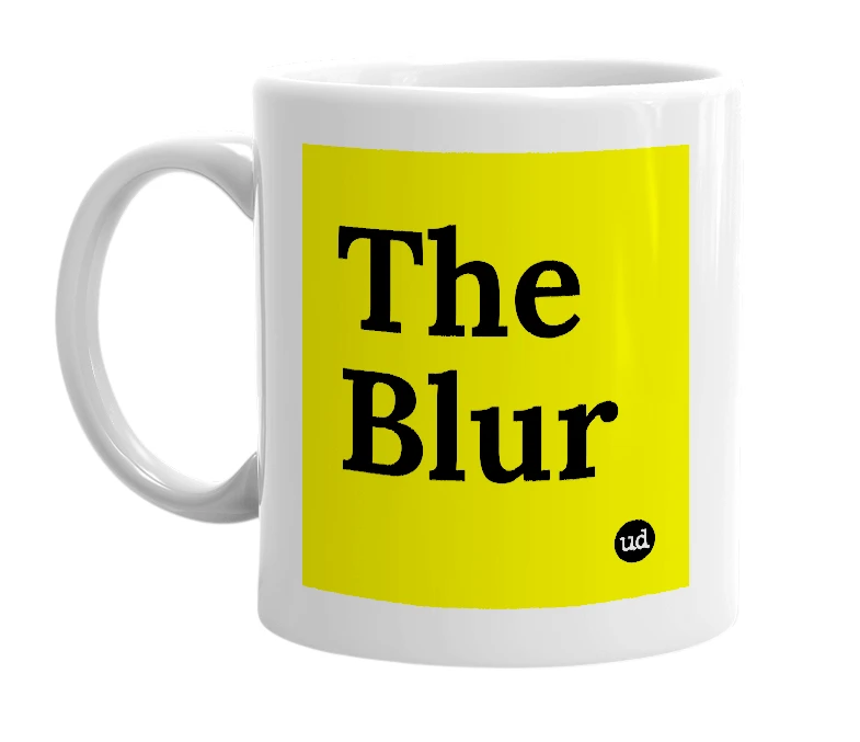 White mug with 'The Blur' in bold black letters