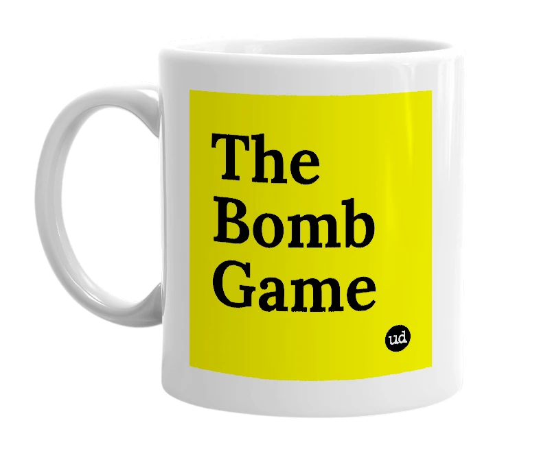 White mug with 'The Bomb Game' in bold black letters