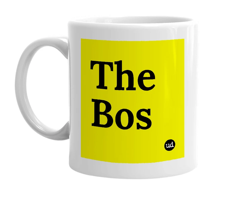White mug with 'The Bos' in bold black letters