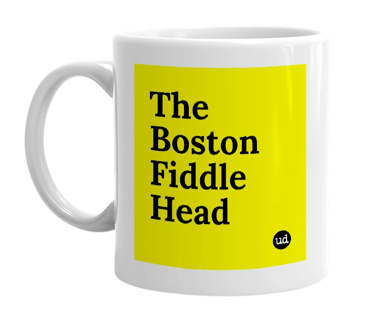 White mug with 'The Boston Fiddle Head' in bold black letters