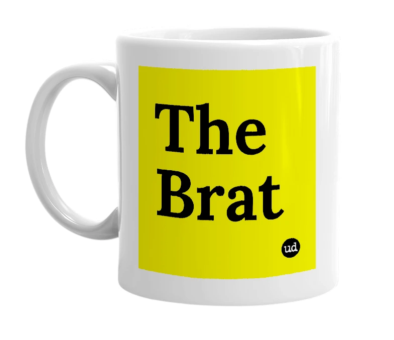 White mug with 'The Brat' in bold black letters