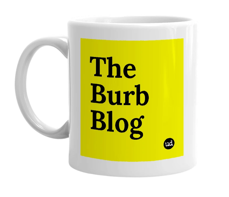 White mug with 'The Burb Blog' in bold black letters
