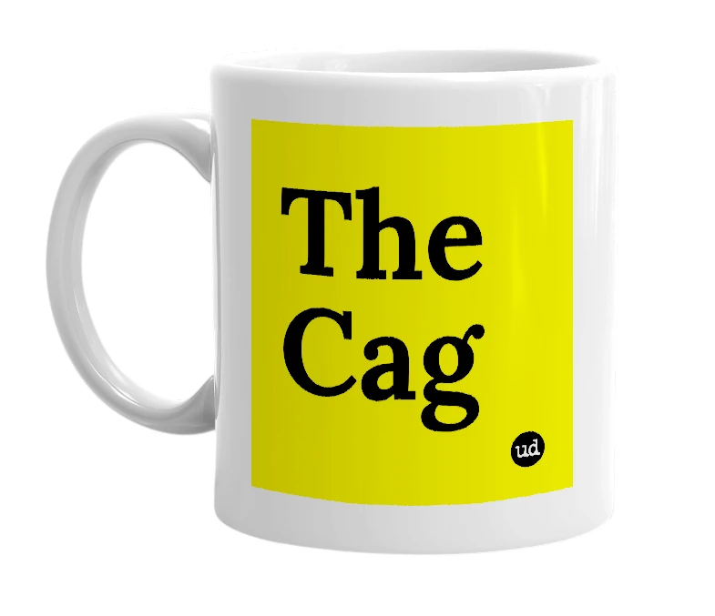 White mug with 'The Cag' in bold black letters