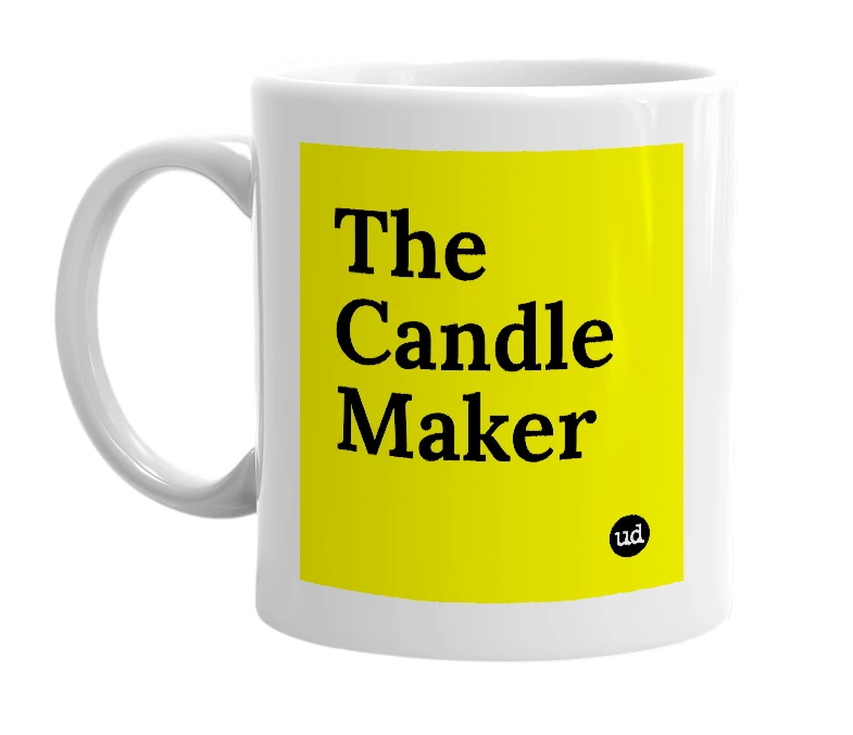 White mug with 'The Candle Maker' in bold black letters