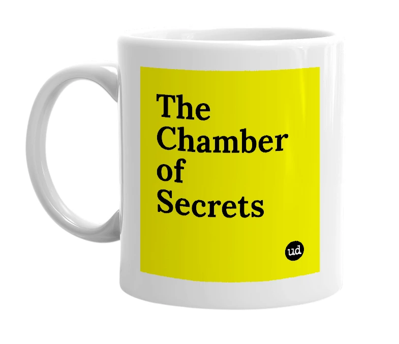 White mug with 'The Chamber of Secrets' in bold black letters