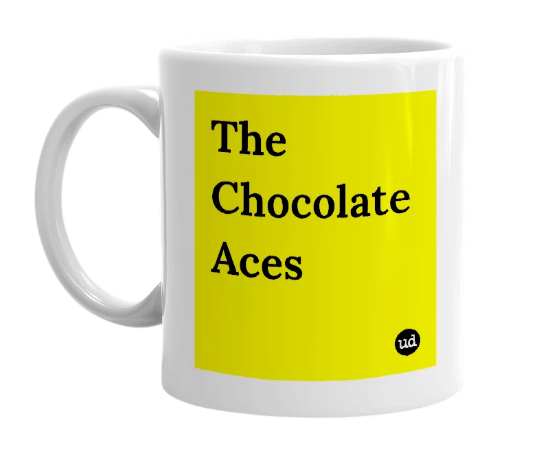 White mug with 'The Chocolate Aces' in bold black letters