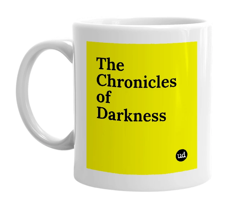 White mug with 'The Chronicles of Darkness' in bold black letters