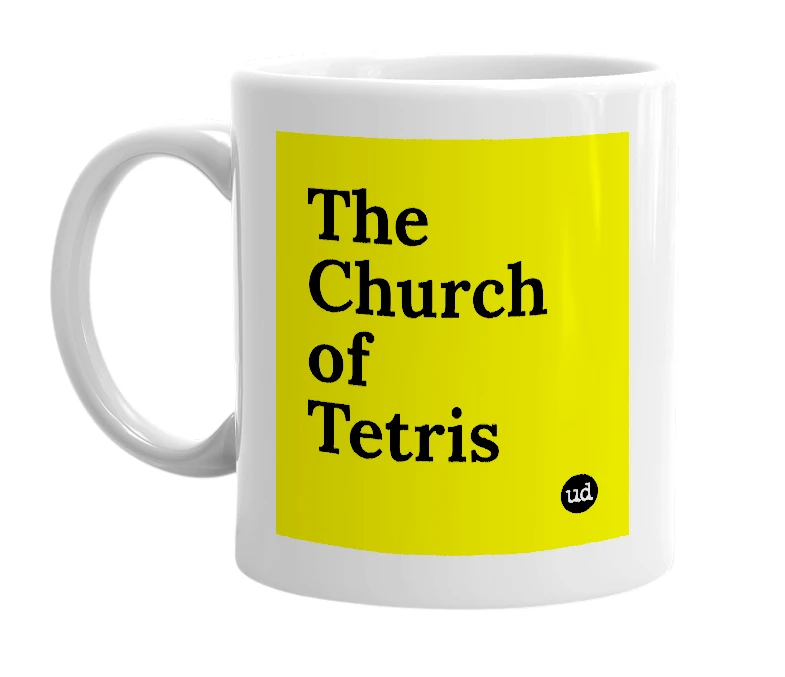 White mug with 'The Church of Tetris' in bold black letters