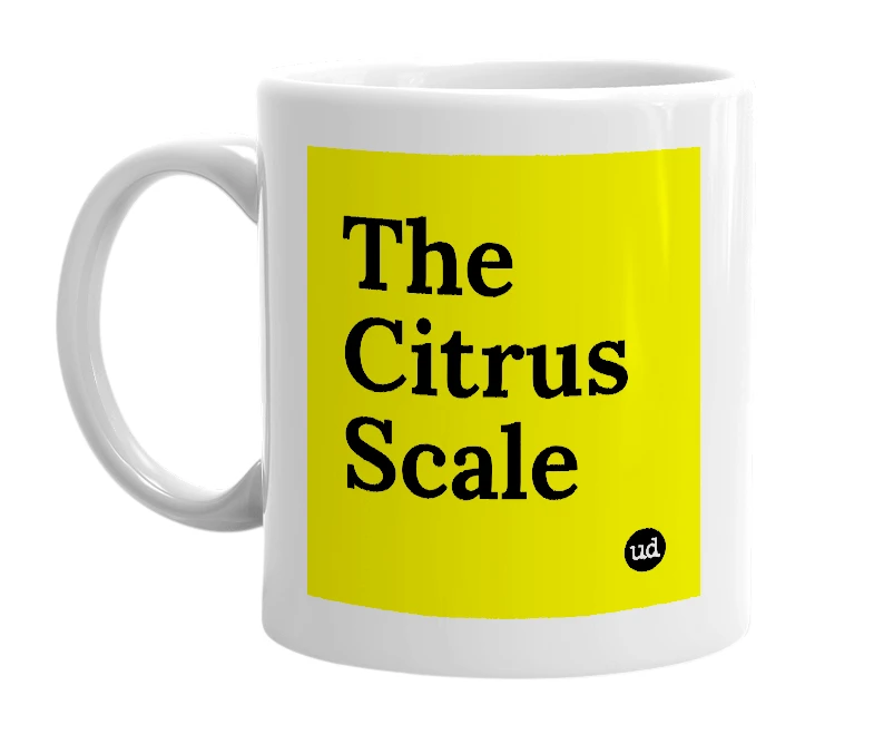 White mug with 'The Citrus Scale' in bold black letters