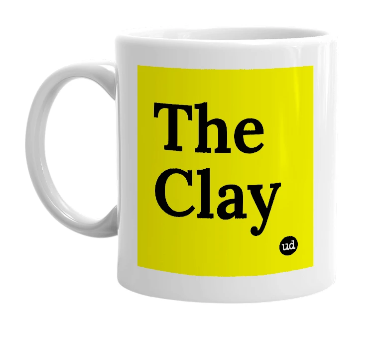 White mug with 'The Clay' in bold black letters