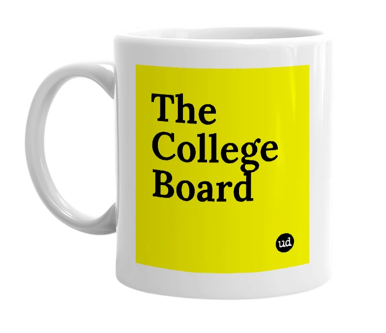 White mug with 'The College Board' in bold black letters