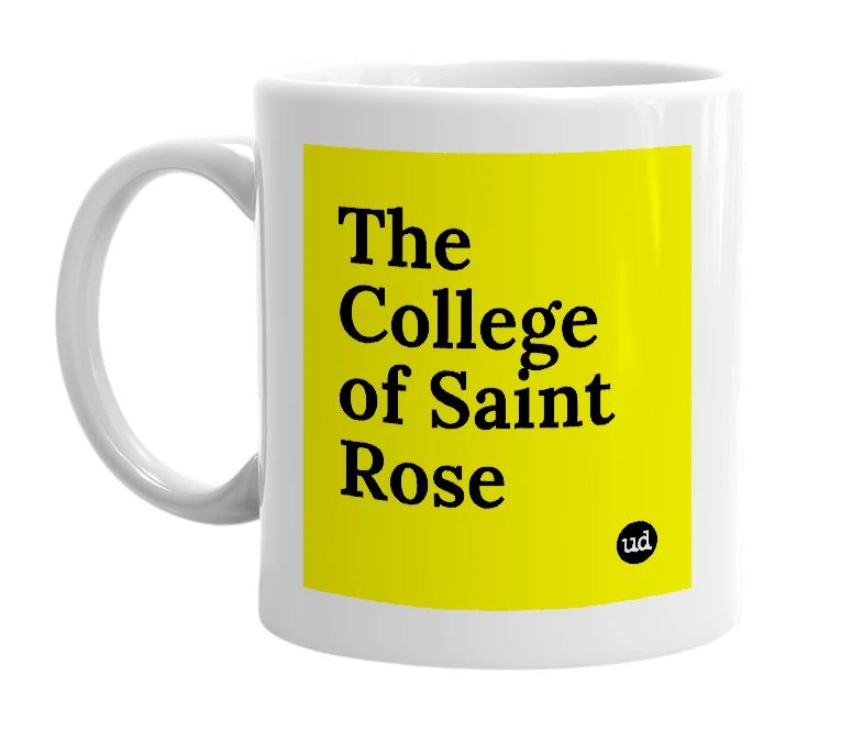 White mug with 'The College of Saint Rose' in bold black letters