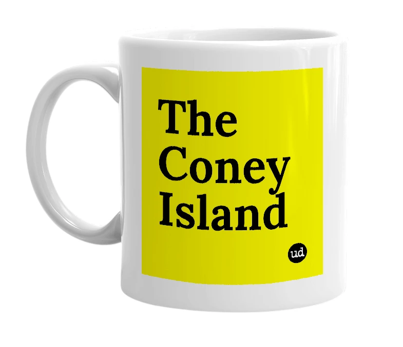 White mug with 'The Coney Island' in bold black letters