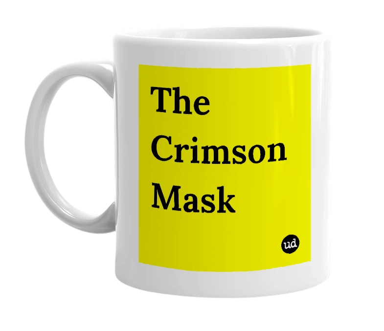 White mug with 'The Crimson Mask' in bold black letters