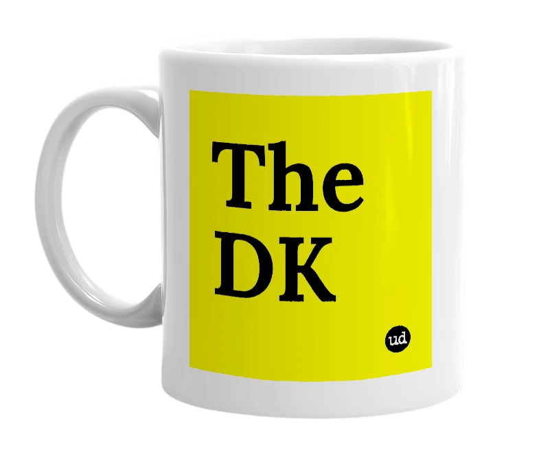 White mug with 'The DK' in bold black letters