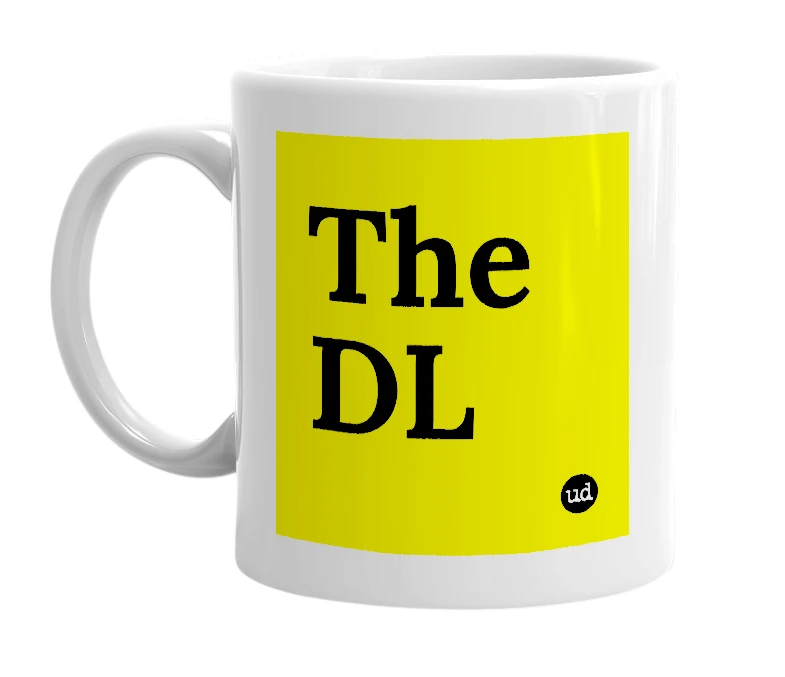 White mug with 'The DL' in bold black letters