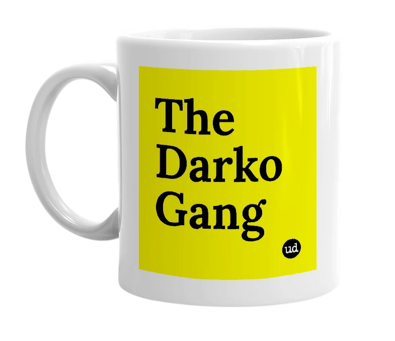 White mug with 'The Darko Gang' in bold black letters