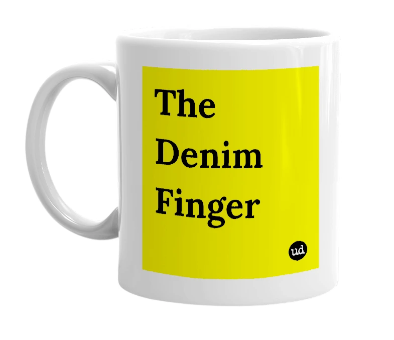 White mug with 'The Denim Finger' in bold black letters