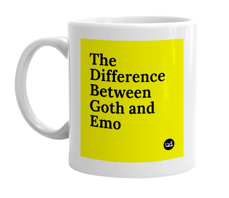 White mug with 'The Difference Between Goth and Emo' in bold black letters