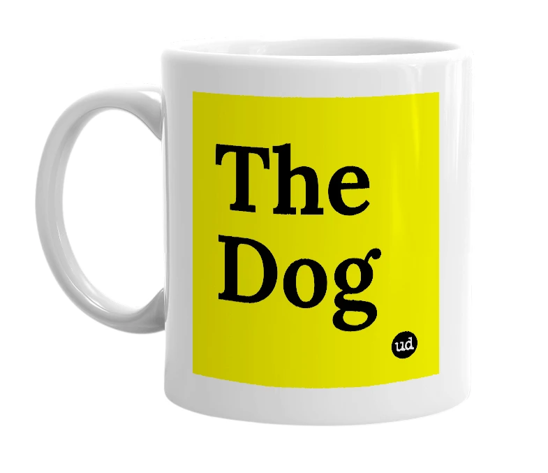 White mug with 'The Dog' in bold black letters