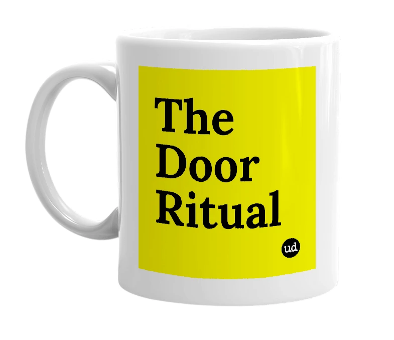 White mug with 'The Door Ritual' in bold black letters