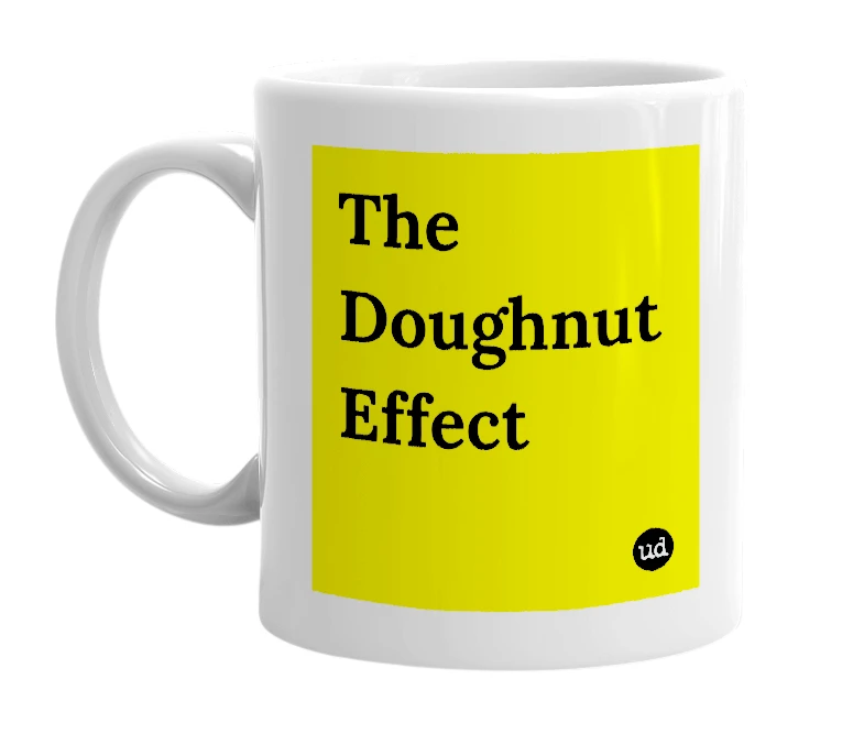 White mug with 'The Doughnut Effect' in bold black letters