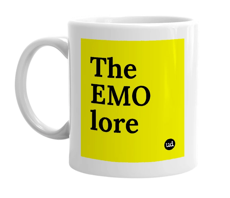 White mug with 'The EMO lore' in bold black letters