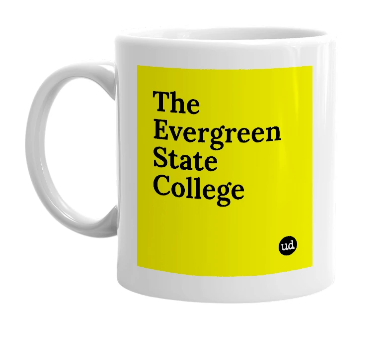 White mug with 'The Evergreen State College' in bold black letters