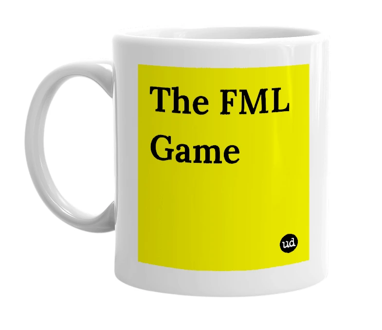 White mug with 'The FML Game' in bold black letters
