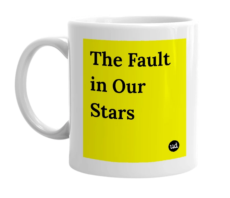 White mug with 'The Fault in Our Stars' in bold black letters