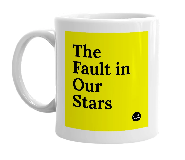 White mug with 'The Fault in Our Stars' in bold black letters