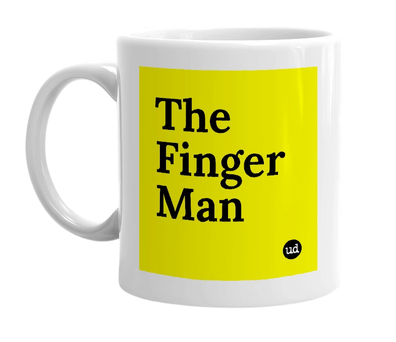 White mug with 'The Finger Man' in bold black letters