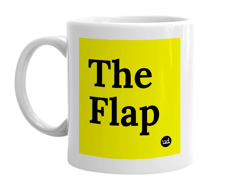 White mug with 'The Flap' in bold black letters