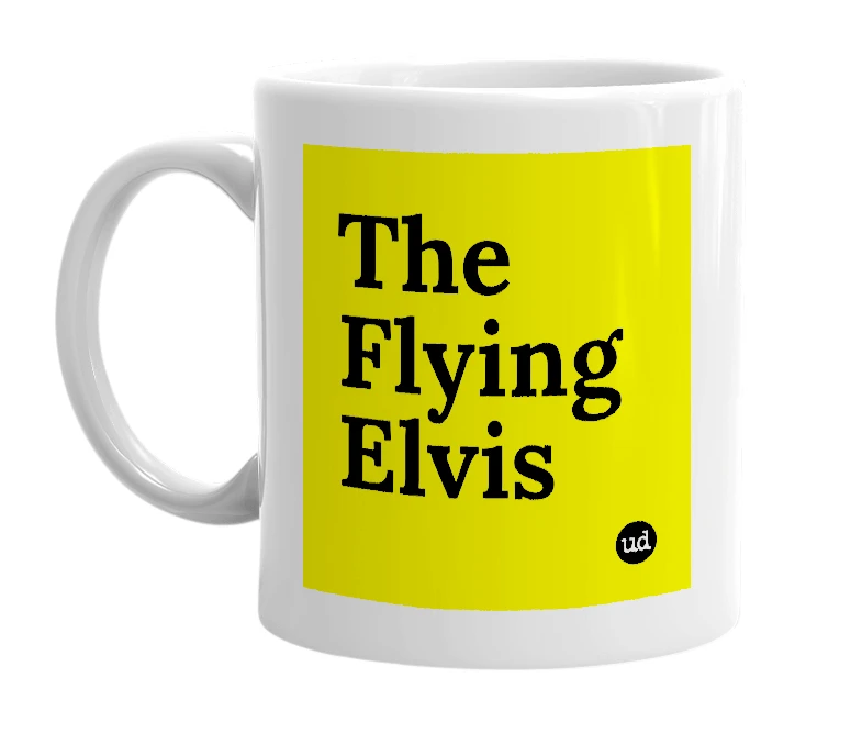 White mug with 'The Flying Elvis' in bold black letters