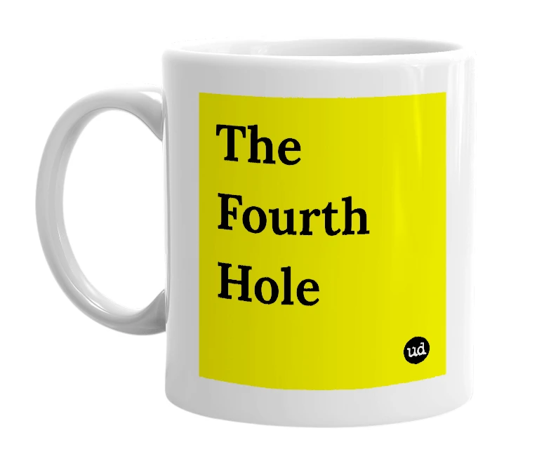 White mug with 'The Fourth Hole' in bold black letters