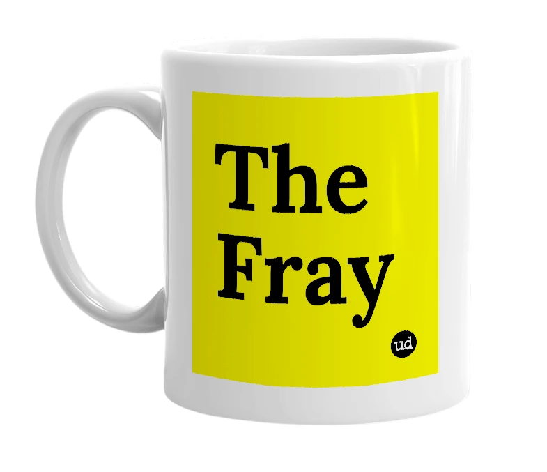 White mug with 'The Fray' in bold black letters