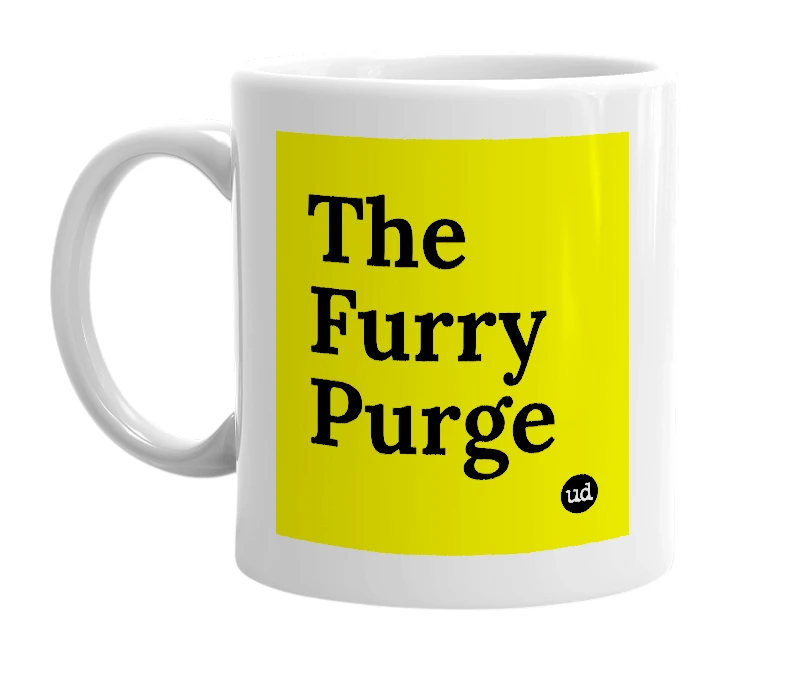 White mug with 'The Furry Purge' in bold black letters