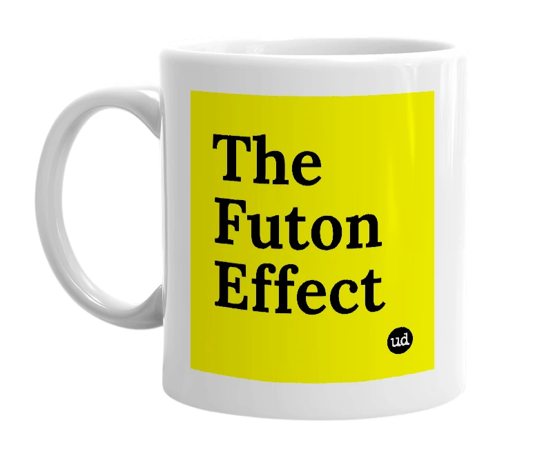 White mug with 'The Futon Effect' in bold black letters