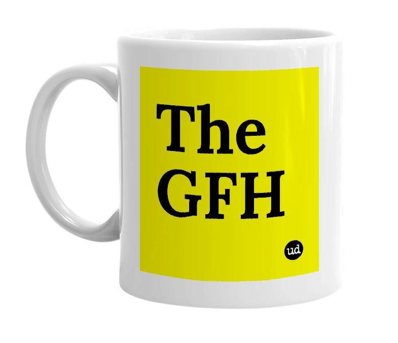 White mug with 'The GFH' in bold black letters