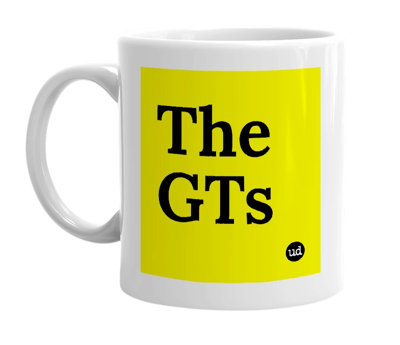 White mug with 'The GTs' in bold black letters