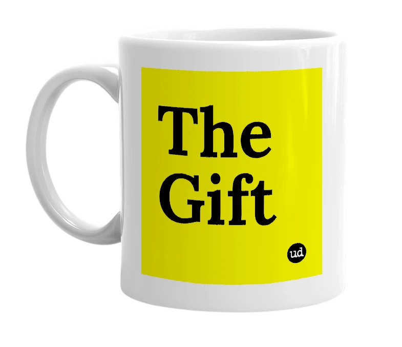 White mug with 'The Gift' in bold black letters