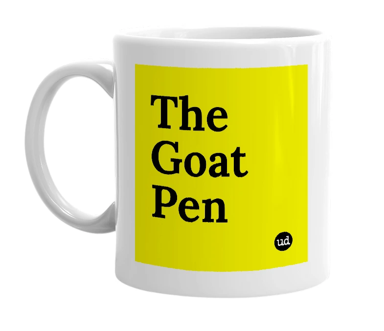White mug with 'The Goat Pen' in bold black letters