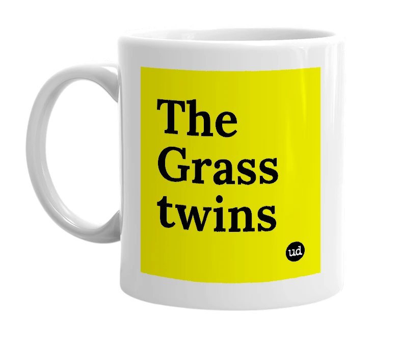 White mug with 'The Grass twins' in bold black letters