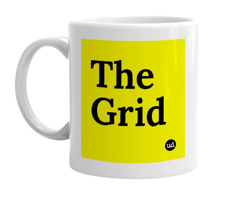 White mug with 'The Grid' in bold black letters