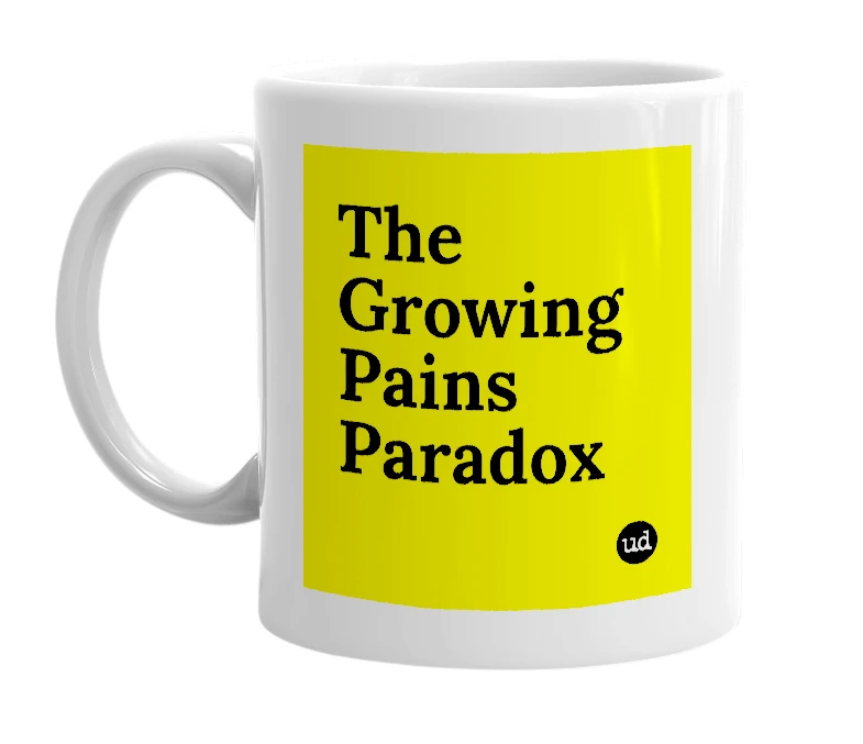White mug with 'The Growing Pains Paradox' in bold black letters