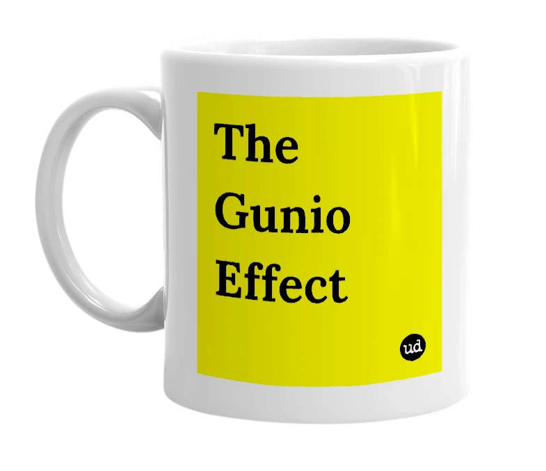 White mug with 'The Gunio Effect' in bold black letters