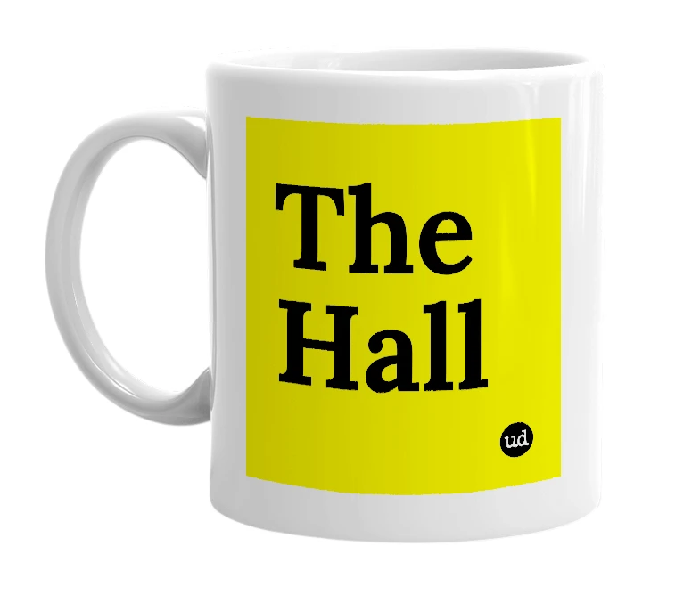 White mug with 'The Hall' in bold black letters